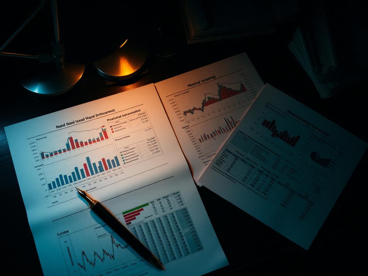 Annotated research reports under a desk lamp